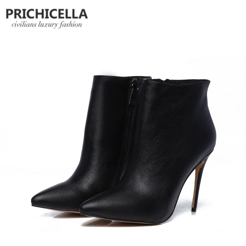 PRICHICELLA Quality women genuine leather winter boots pointed toe black stiletto heels ankle booties size34-42 : image PRICHICELLA Quality women genuine leather winter boots pointed toe black stiletto heels ankle booties size34-42