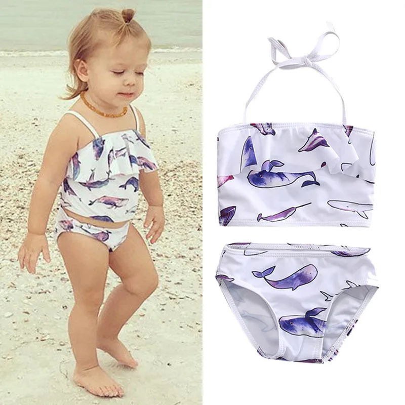 

2PCs Hot Kids Baby Girls Bathing Suit Tankini Bikini Set Cartoon Fish Pattern Lace-up Crop Tops Panties Swimsuit Swimwear 0-5T