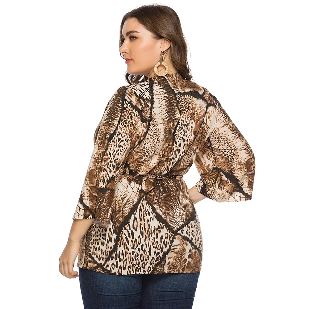 New Loose Fashion Snake Print Open Waist Tie Long Sleeve Shirt  Oversized  Code   6xl   Fat  Mm Leisure Loose  Comfortable Tops