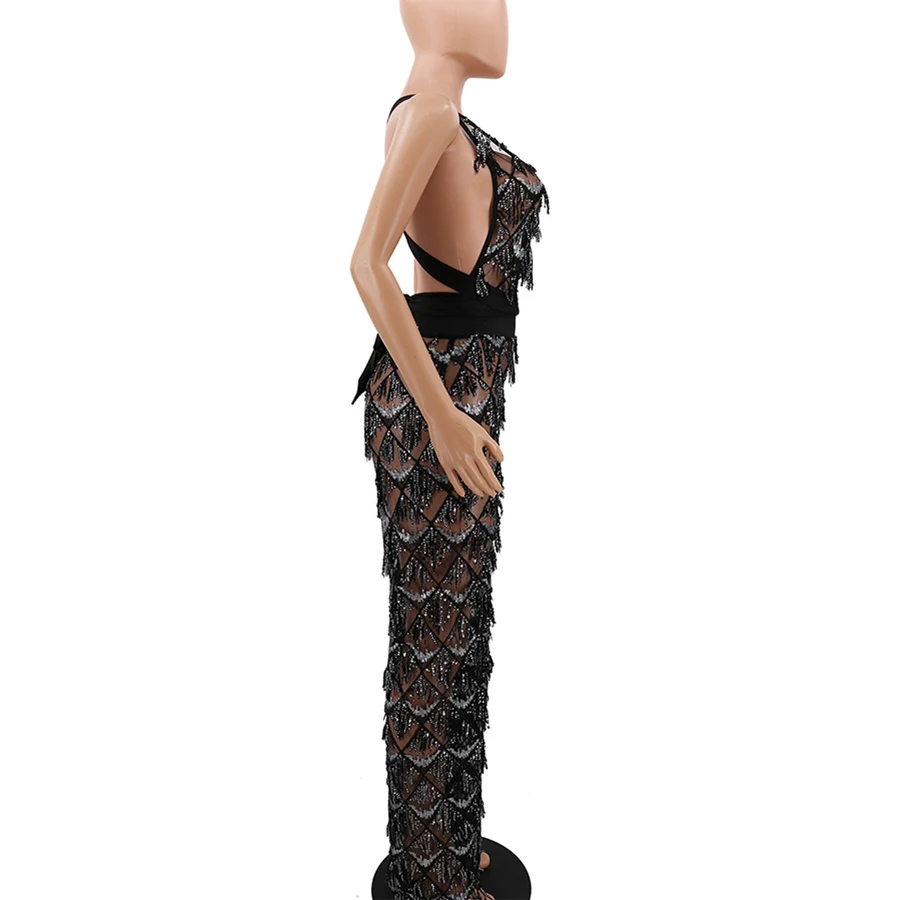 See Through Black Sexy Sequin Tassel Jumpsuit Women Halter Sleeveless Rompers Women Long Jumpsuit Sequined Club Party Overalls See Through Black Sexy Sequin Tassel Jumpsuit Women Halter Sleeveless Rompers Women Long Jumpsuit Sequined Club Party Overalls