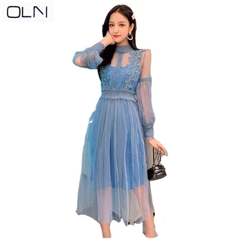 

Dress OLN Korean new arrival wholesale summer French Silk silk v-neck female fashion slim temperament long silk dress