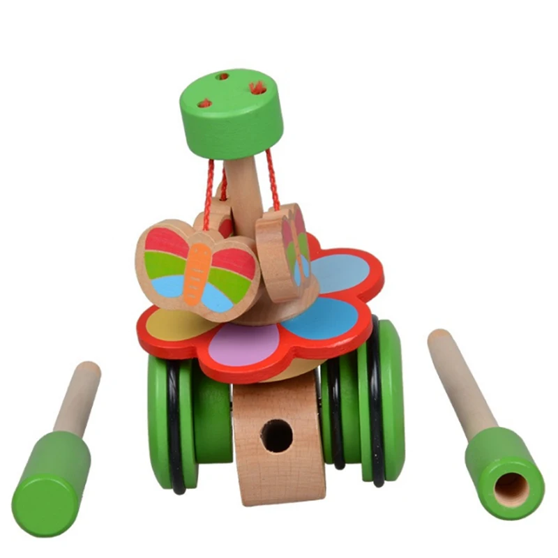 kids Wooden Toys Butterfly Cartoon Animals Funny Wooden Car Toys Baby Rotate Puzzle Trolley Cart Toys Wood Pushing Toy (9)