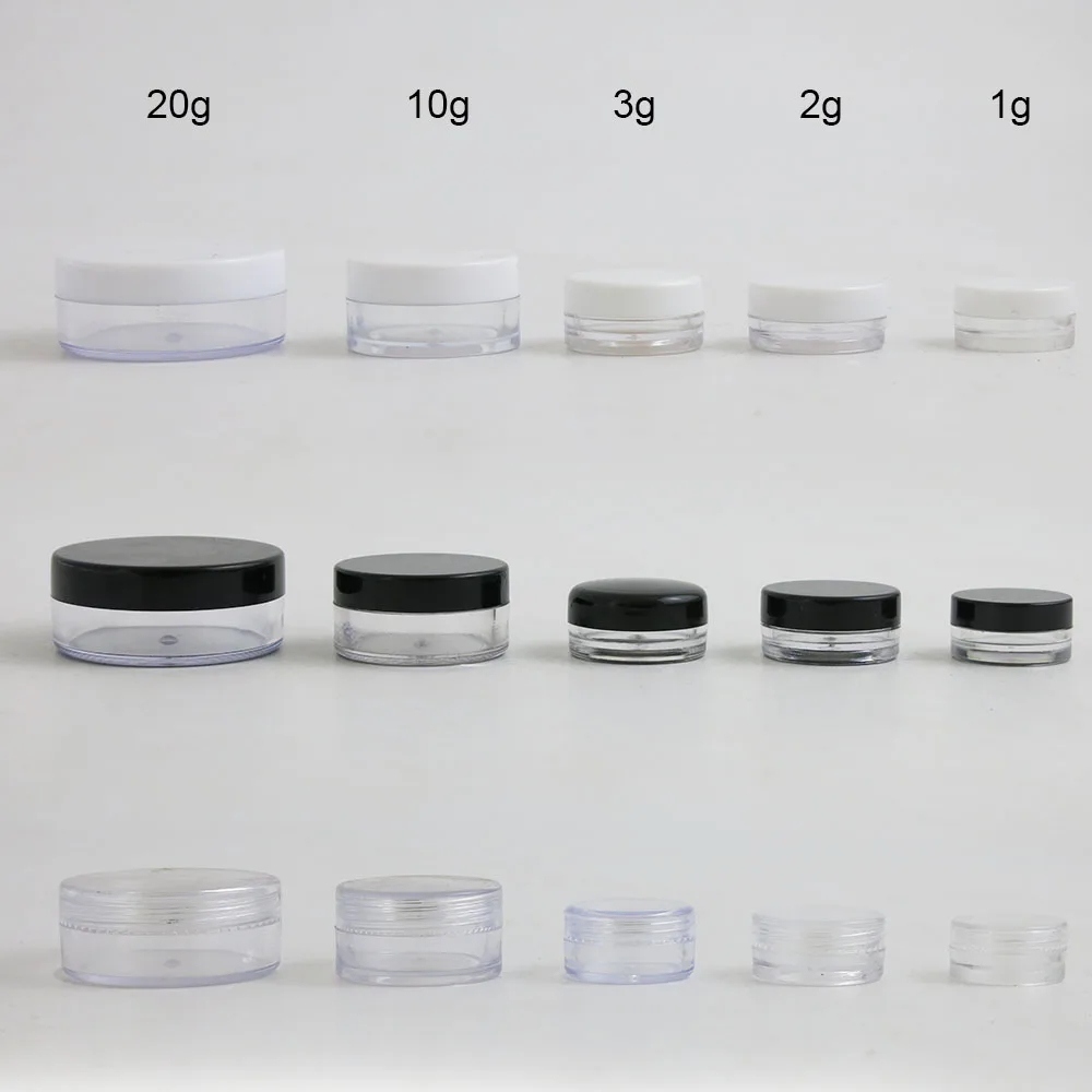 

10PCS empty 1g 2g 3g 10g 20g Round Clear Transparent Plastic Container Cosmetic Cream Jar with clear black white cap sample Jar