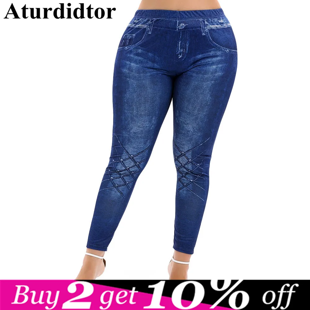 

High Rise 3D Jean Print Plus Size Skinny Leggings Women Summer Fashion Leggings Skinny Imitation Denim Pencil Pants 2019 5XL