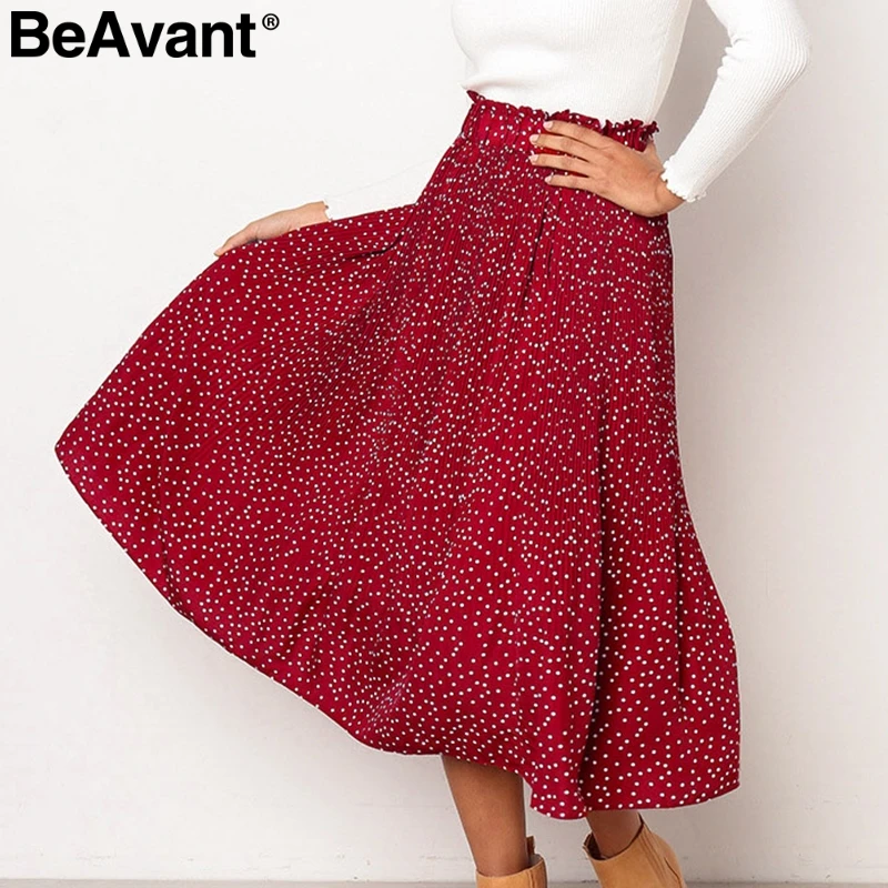

BeAvant Bohemian polka dot women skirt Ruffled high waist plus size ladies pleated skirt Casual summer beach midi skirts female