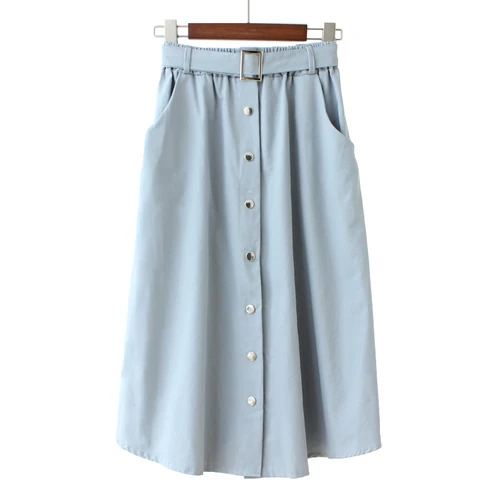 Корейские женские хлопковые юбки для лета миди Однотонная юбка Студенческая пуговицы Эластичная Высокая талия с поясом А-силуэт карманы Falda - Цвет: blue