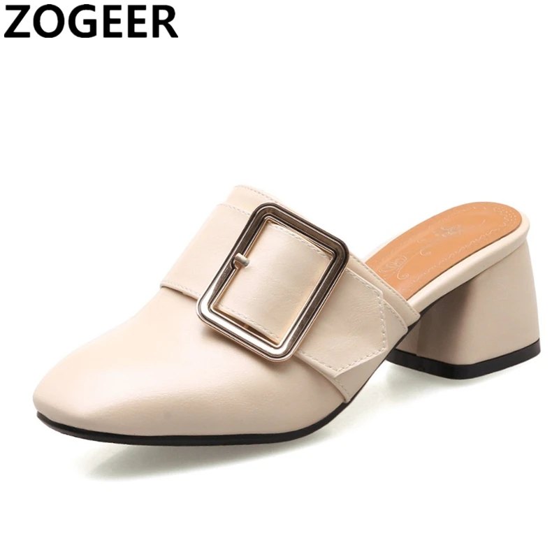 

Plus Size 46 2019 New Fashion Shallow Slippers Women Low Heels Sandals Brand Designer Buckle Summer Mules Shoes Woman Flip Flops