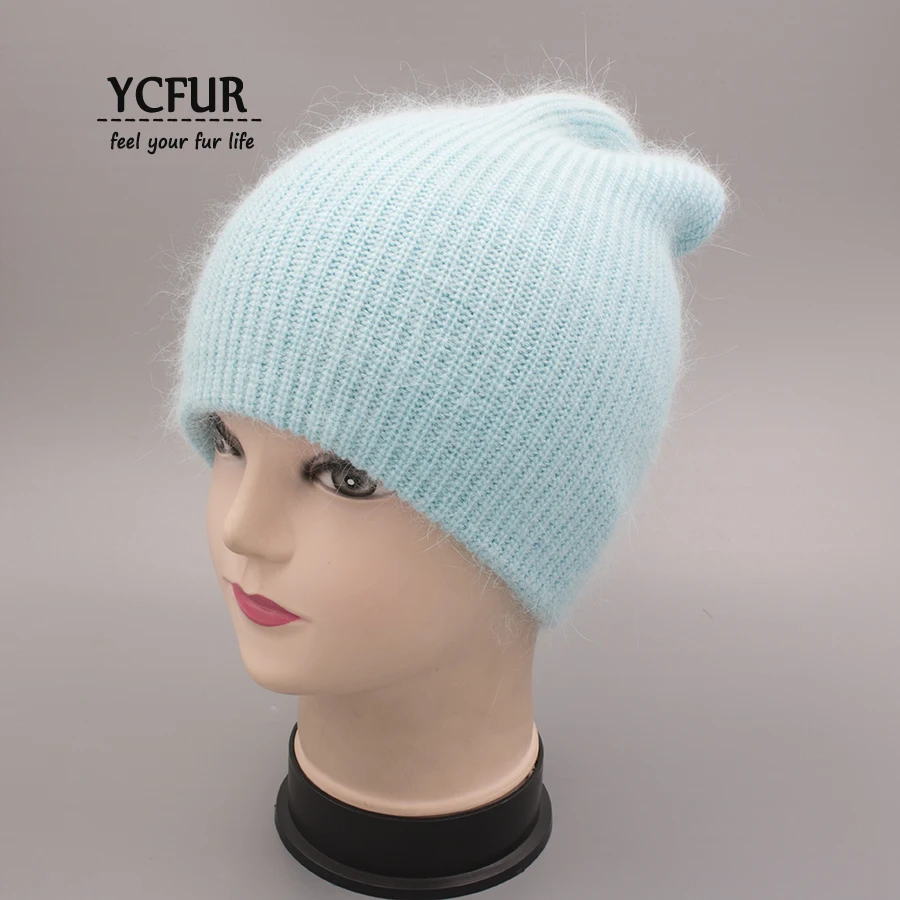 Женская шапка на осень зиму YCFUR вязаная шерстяная из ангорской шерсти с кроличьим