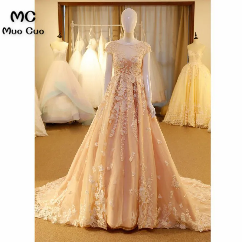 A-line Scoop-neck Chapel Train Tulle Appliqued Long Prom Dresses