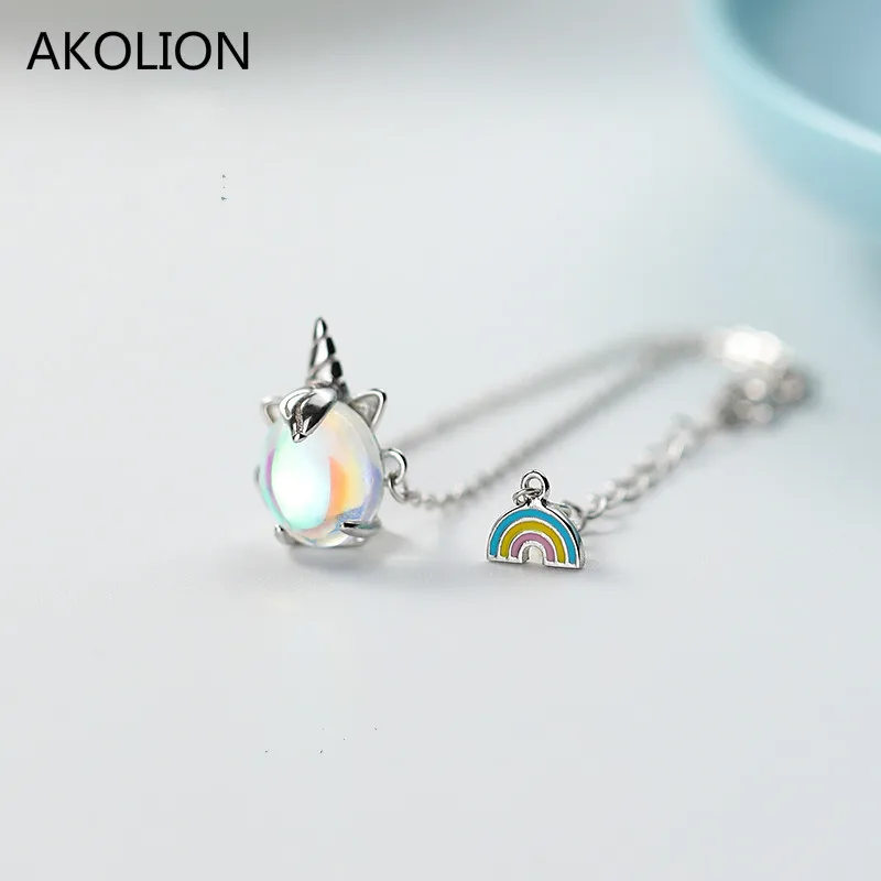 

Wholesale Silver Rainbow Unicorn Animal Chain Bracelet 925 Lucky Moonstone Bracelet For Women Birthday Party Accessories Gift