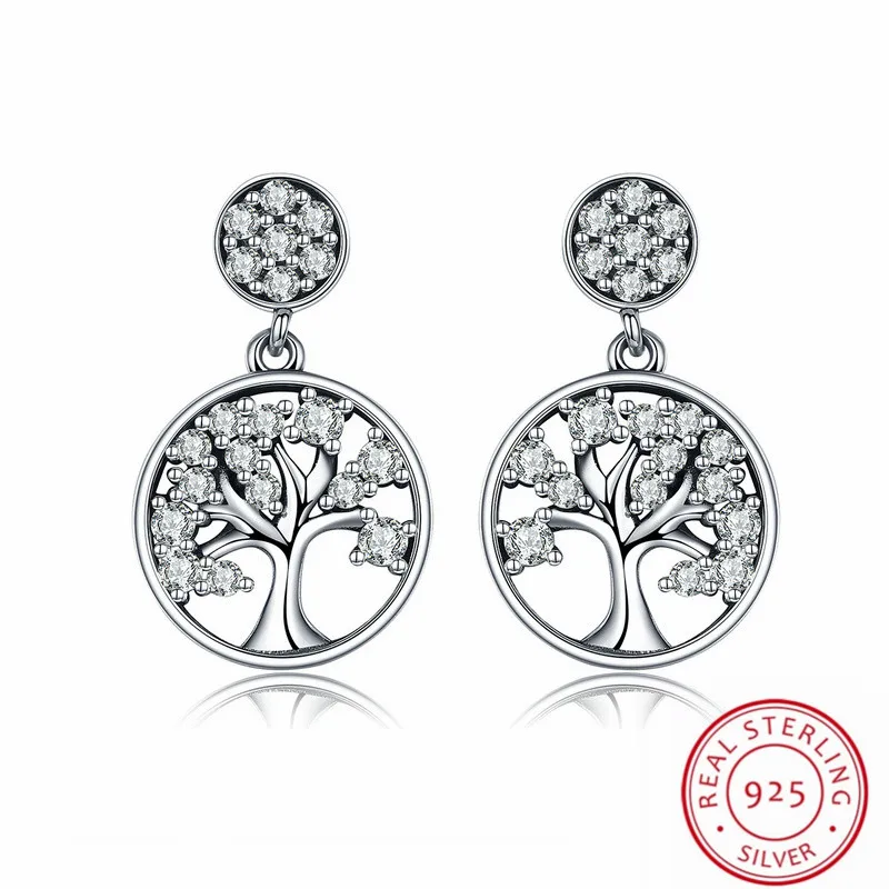 

100% Genuine 925 Sterling Silver Dangle Earrings Tree of Life Zircon Earrings Luxury Drop Earrings For Women Brincos Pendientes