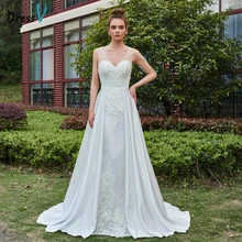 Dressv V Neck A-line Long Wedding Dress Sleeveless Court Train Appliques Button Floral Garden Church Princess Wedding Dresses