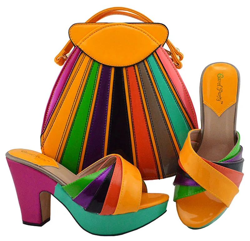 

Orange shoes matching bag italian designs women fashion leather lovely colorful rainbow shoes and bag matching set SB8275-6