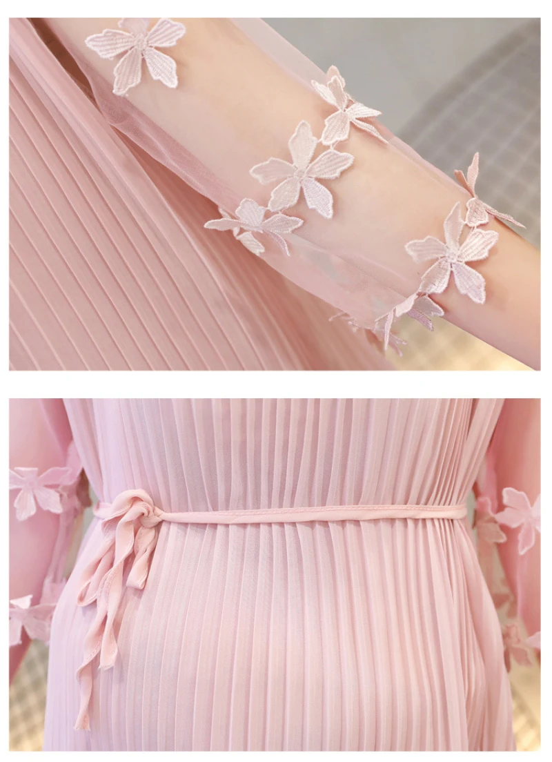 Maternity Women Chiffon Sheer Pleated Dress 3D Flower Half Sleeve Chic Cute Pregnancy Tops Summer Style Pink Black Gray Dress  (7)