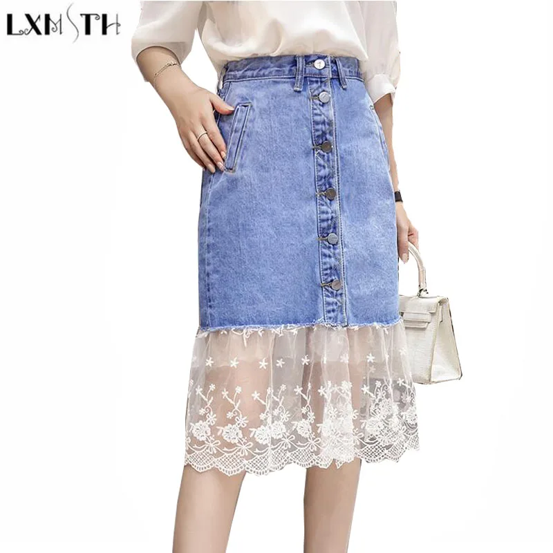 LXMSTH Denim Skirt Women Summer New Sweet Mesh Patchwork Skirt Single