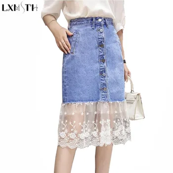 

LXMSTH Denim Skirt Women Summer New Sweet Mesh Patchwork Skirt Single Breasted High Waist Lace Midi A Line Jeans Skirts 2019