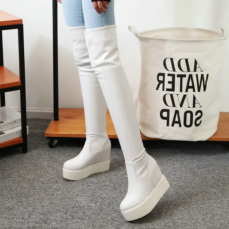 

Women Slip On Comfort Height Increasing Over the Knee Boots Fashion Platform Round Toe Fall Winter Thigh Boots Black White