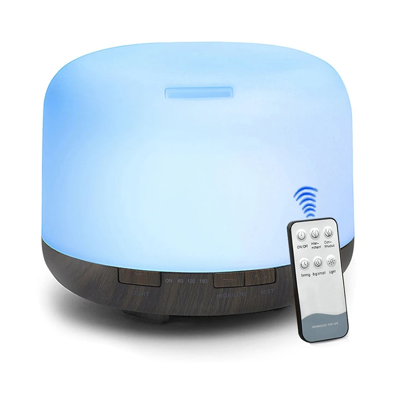 

500ML Remote Control Essential Oil Diffuser Aromatherapy Cool Mist Humidifier With Wood Grain 7 Color LED Lights For Home Office