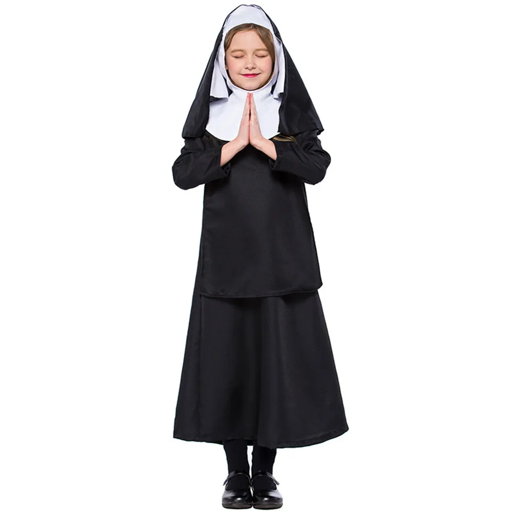 

Kid Girls Halloween Nun Costume Black Hooded Shawl Gown Dress Set Fancy Catholic Cloak Cape Uniform For girls