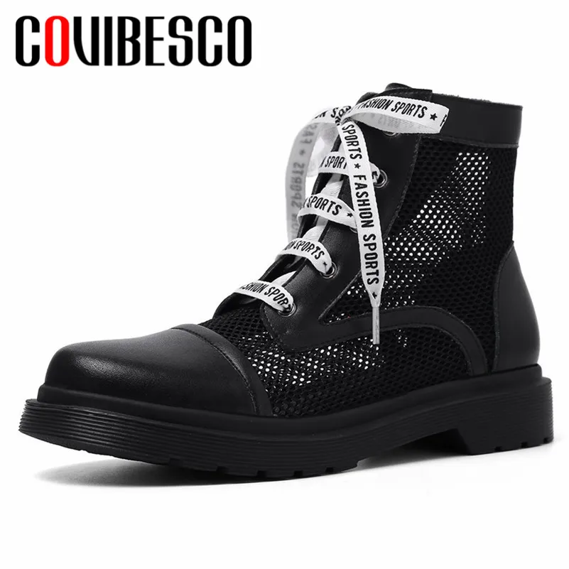 

COVIBESCO Classic Round Toe Lace Up Square Toe Women Ankle Boots 2019 New Summer Genuine Leather Mesh Office Hollow Shoes Woman