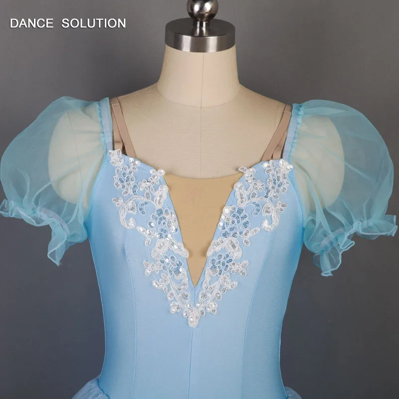 Бледно-голубой топ из спандекса с аппликацией, с короткими пышными рукавами, Длинные Романтические балетные тюлевые юбки для девочек и женщин, танцевальные платья, костюмы 19024