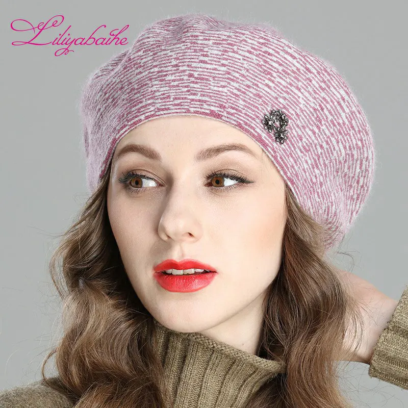 Liliyabaihe Новая женская зимняя шапка Шерсть ангора трикотажные береты, украшения модные Меланжевый двойной Шапка - Цвет: C07