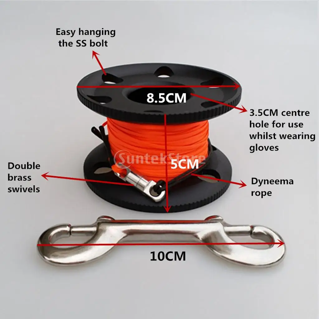 Scuba Diving Aluminium Finger Spool Reel 20/30/50M Line with Stainless Steel Snap Bolt Clip Black Blue Purple