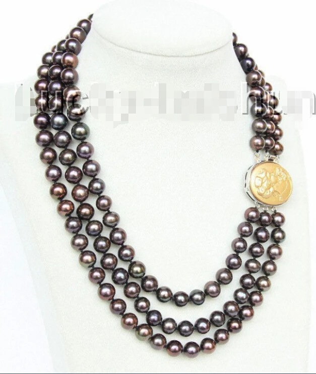 

FREE shipping>>>>luster 3row 10mm round Multicolor black-brown pearls necklace looker clasp j9953 6.07