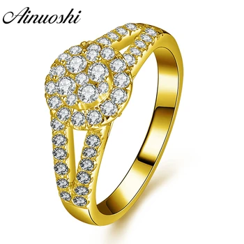 

AINUOSHI 14K Solid Yellow Gold Halo Ring Double Pave Band Wedding Engagement Jewelry Anillo Mujer Bague Cluster Engagement Ring