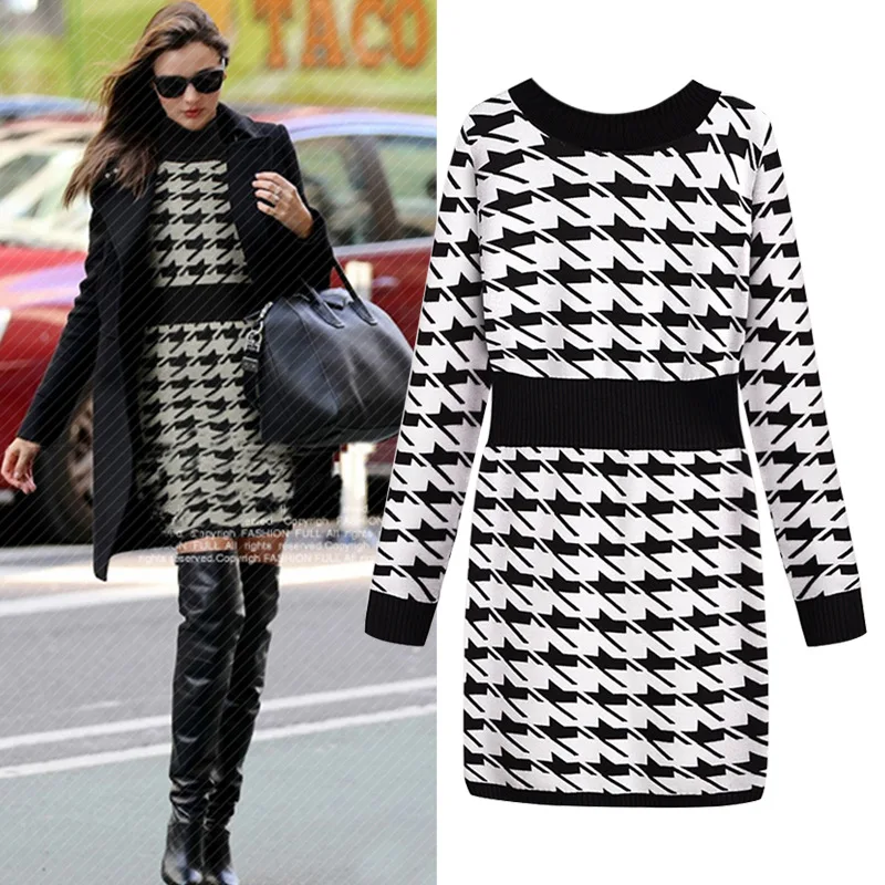 

XL-5XL Plus Size Casual Women Dresses 2019 Autumn Houndstooth Print Elegant Dress Vestidos Winter Female Clothing Big Yards