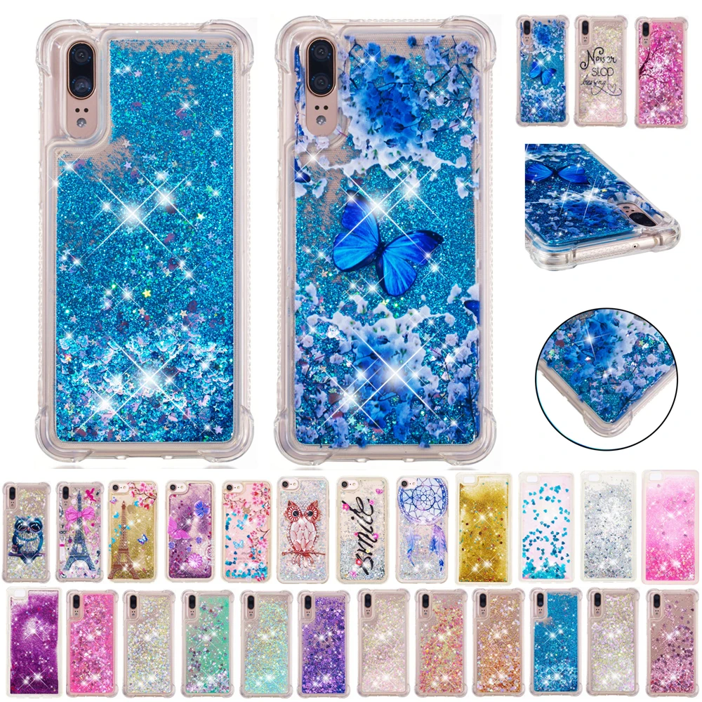 Жидкий чехол для телефона с сердечками Huawei P20 Pro Lite Nova 3e P Smart Quicksan блестящий