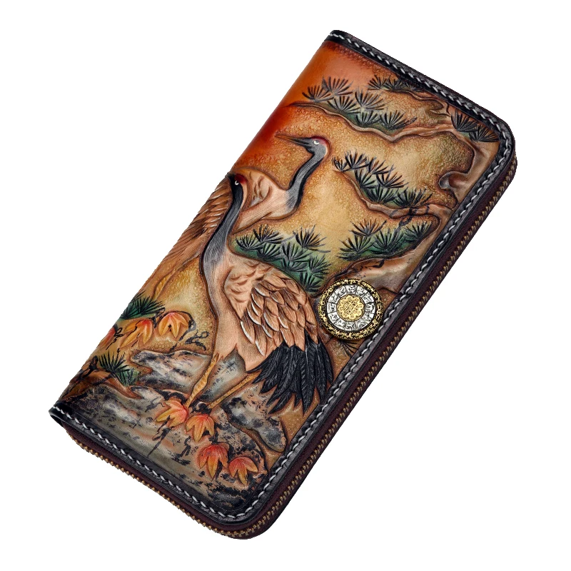 Handmade Genuine Leather Wallets Carving Red crowned Crane Bag Purses Women Men Long Clutch Vegetable Tanned