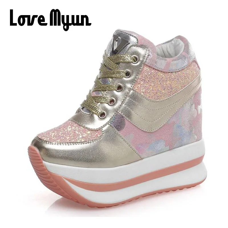 

2018 Women Sequins bling bling Sneakers Casual Shoes New Woman Flats tenis feminino Mesh Breathable Platform Wedges Thick NN-67