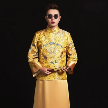 

New Gold Men Marriage Suit Chinese Traditional Bridegroom Wedding Evening Party 2pcs Cheongsam Elegant Vintage Dress Vestidos