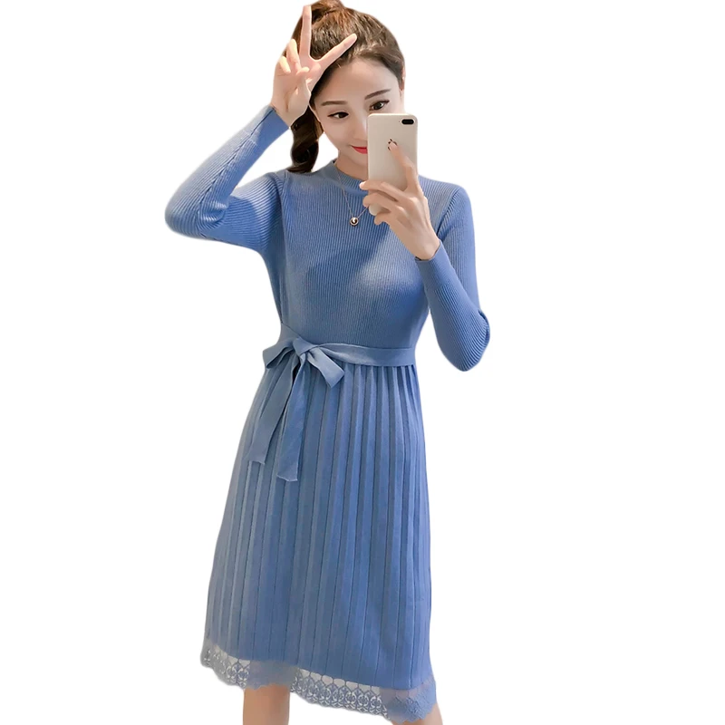

2019 Autumn Winter Knitted Dress New Fashion Patchwork Lace Dress Vestidos High Elastic Casual Bow Tie Women Dress CM977