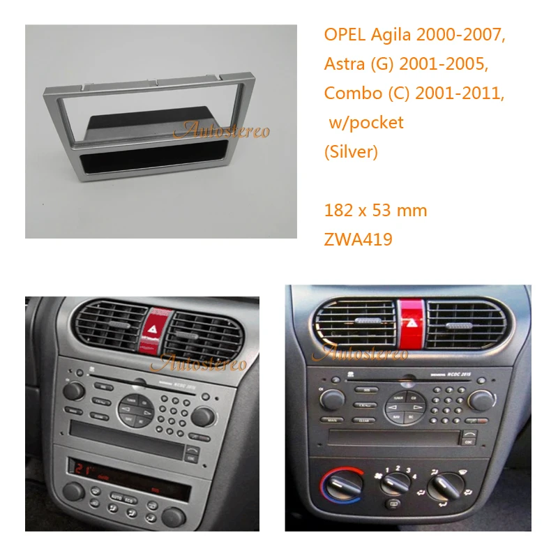 Один Дин Радио Установка фасции рамка для OPEL Agila, Astra(G), Combo(C), Corsa(C), Meriva, Omega(B) w/pocket Silver