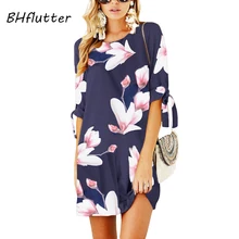 BHflutter размера плюс женское платье с цветочным принтом с коротким рукавом повседневное летнее платье с круглым вырезом короткие шифоновые платья Robe Femme ete