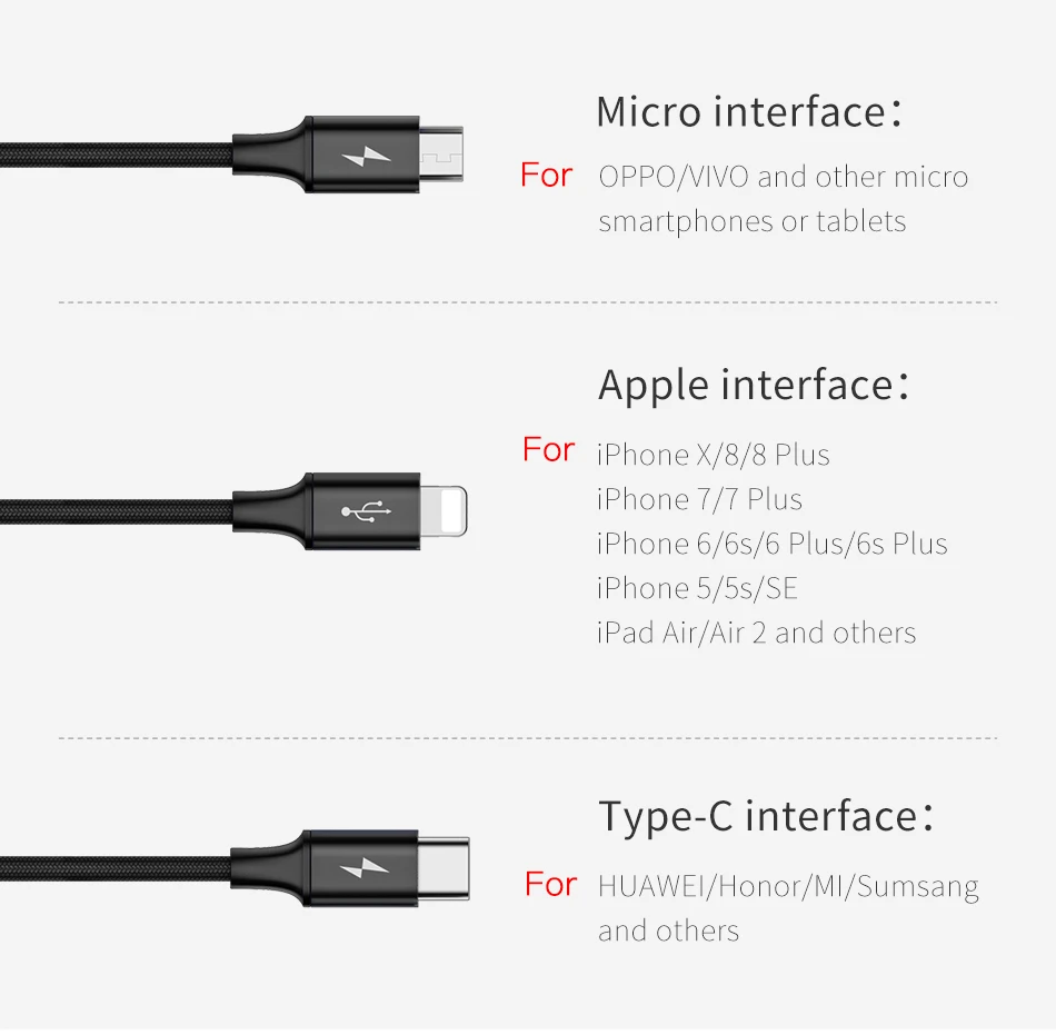 Baseus 3в1 2в1 USB кабель для iPhone X 8 7 6 Micro кабель type usb C кабель для samsung S9 S8 Быстрая зарядка кабель зарядного устройства 3A шнур