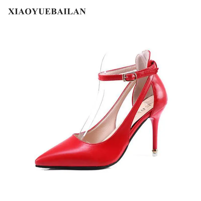 2017 New Pointed font b Shoes b font Sexy Red Thin And Hollow One Word Buckle