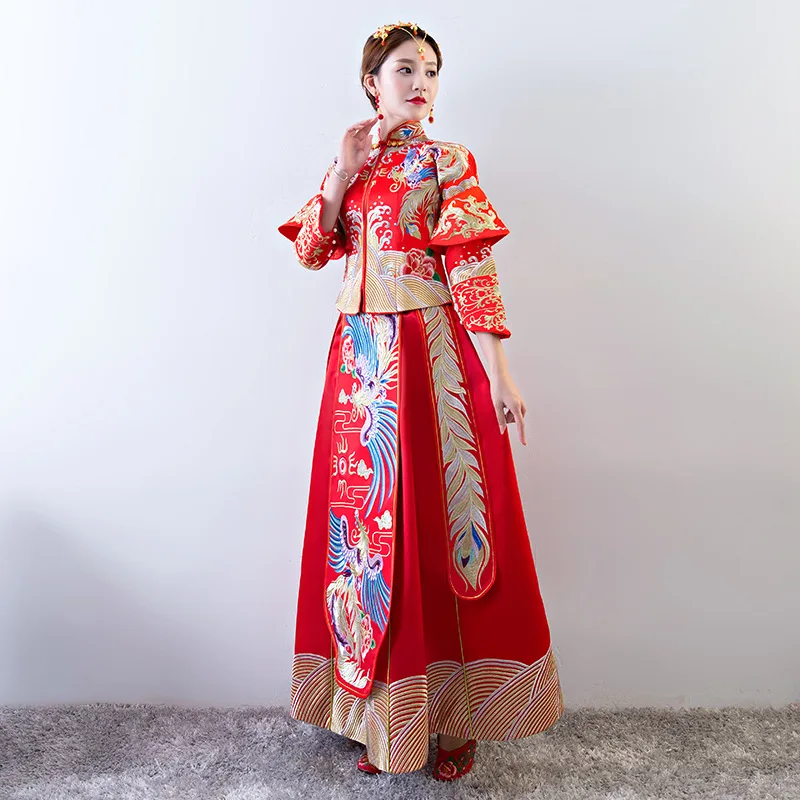 Для женщин традиционные платья Cheongsam свадьбы невеста красный китайское платье Феникс женщина Qipao Vestido Oriental Стиль платья