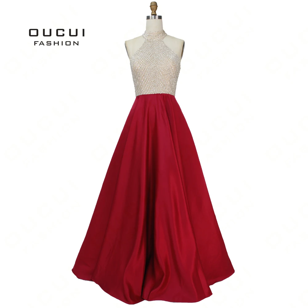 

Oucui Elegant Satin Red Carpet Dresses Long Prom Dress 2019 Beading Halter Sleeveless A-Line Gown Vestido Fiesta Noche OL103382