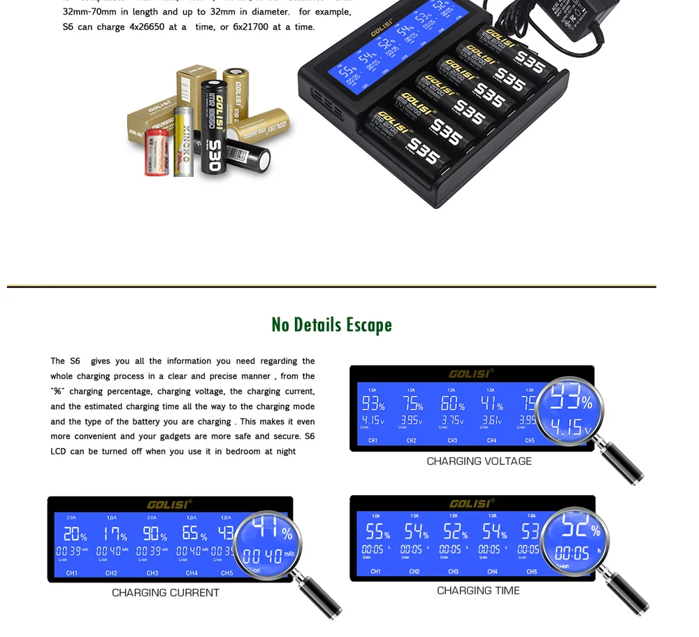 GOLISI S6 интеллигентая(ый) Зарядное устройство совместимо с 20700 26650 18650 никель-металл-гидридный аккумулятор Ni-cd и 3,6 V/3,7 V цилиндрической формы для 6 батареек