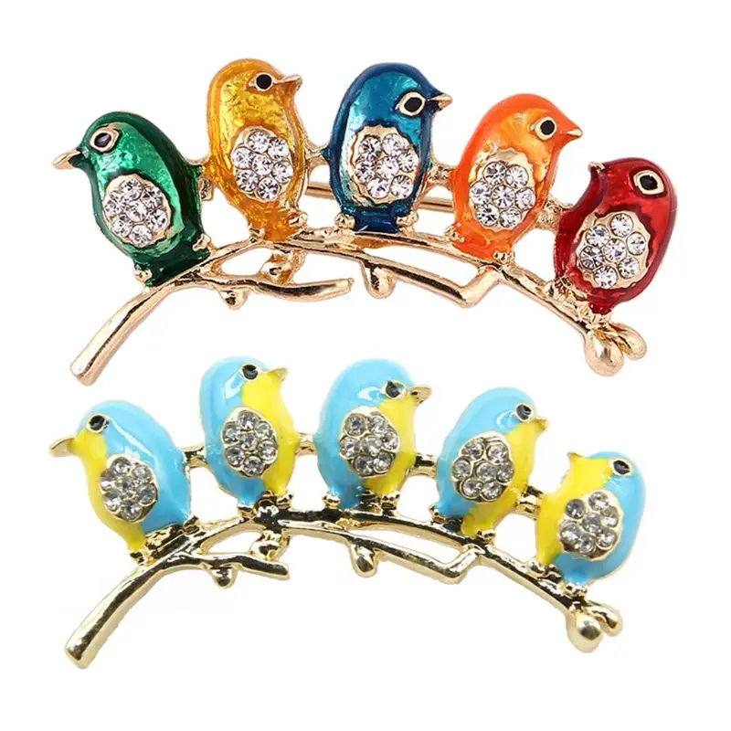 5 Birds Pins Brooch for Women Cartoon Alloy Enamel Branch Rhinestones
