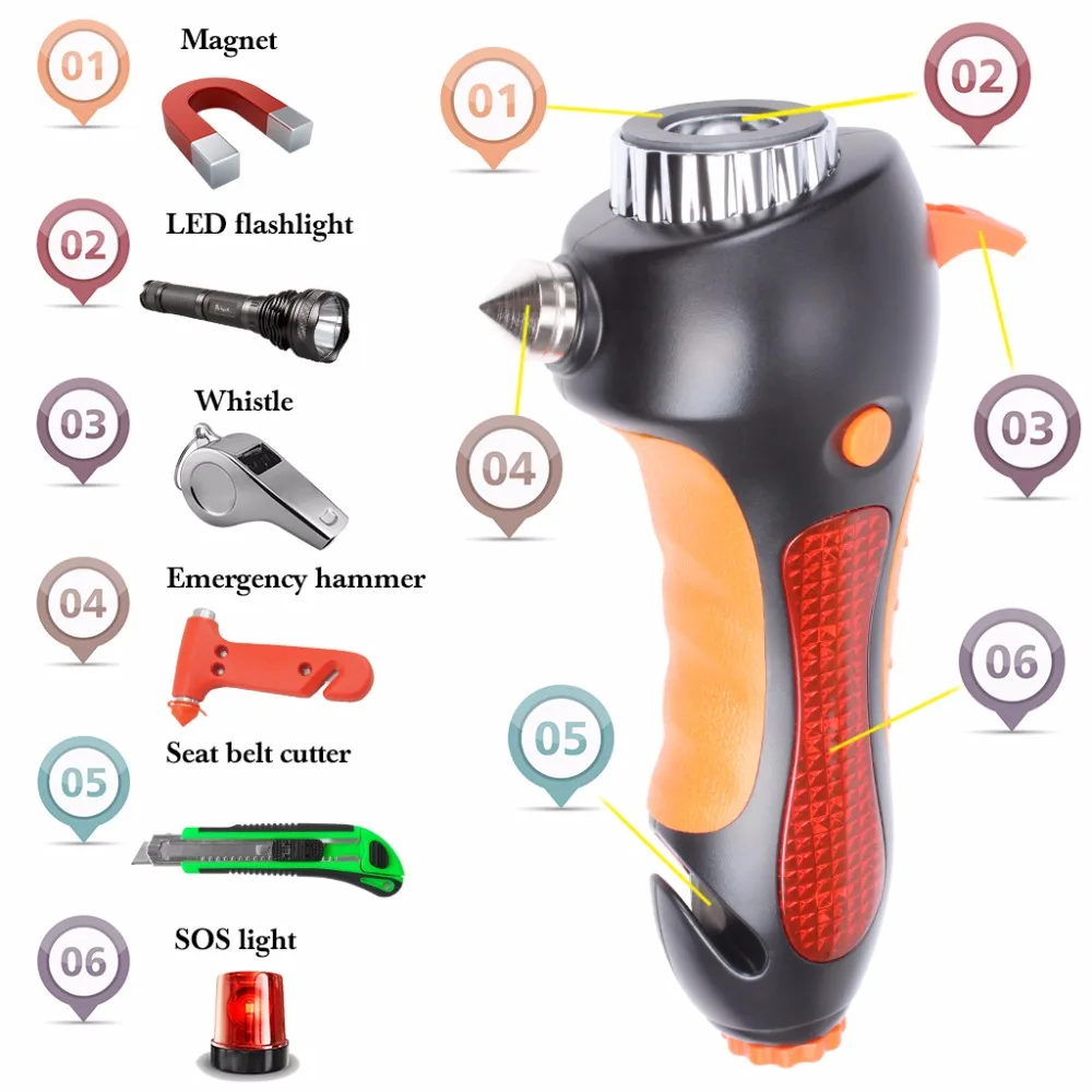 Автомобильный молоток безопасности 6-в-1 спасательные комплект оконный брейкер, флэш-светильник свисток с помощью ремней безопасности резак магнит Предупреждение светильник для авто