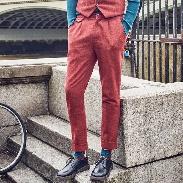 Brand Men Clothing 2017 New 38 Wool mens Red formal wedding suit pants