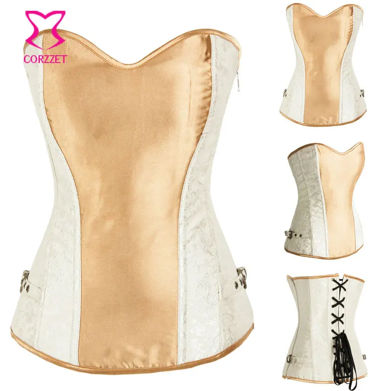 

Corzzet Steampunk Sexy Beige Satin Strapless Overbust Corset Top Zipper Boned Bustier Corselet Korsett For Women Gothic Clothing