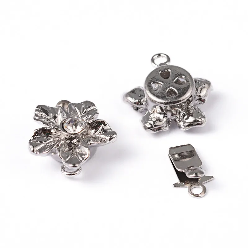 200Sets Platinum Plated Flower Brass Box Clasps with Rhinestone Bead
