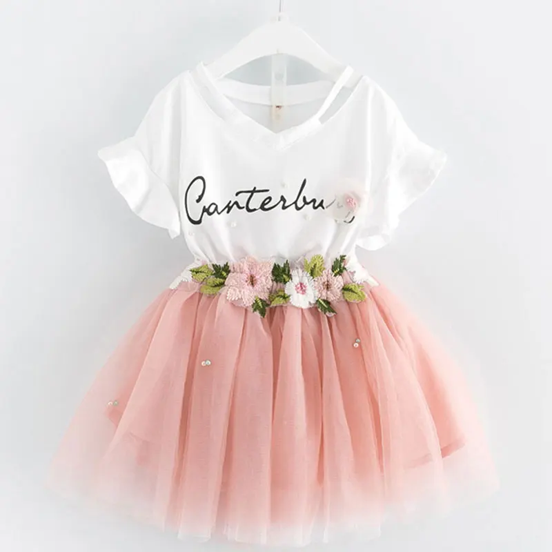 Keelorn/комплекты одежды для девочек, лето 2019, повседневный стиль, платье для девочек, белая кружевная футболка без рукавов + юбка, 2 предмета