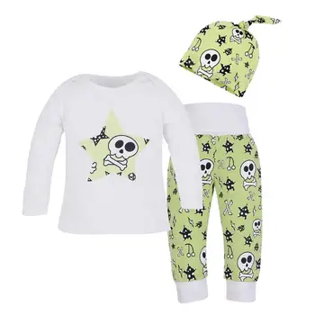 

3pcs/set Pink/Green Baby Clothes Set Cartoon Skull Print Long Sleeve T-shirt Trousers Hat Set Soft 100% Cotton Suit