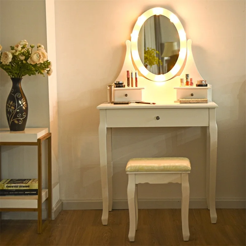 

3 Drawers Rose Pattern LED Bulb Mirror Vanity Makeup Dressing Table Stool Set exquisite flower pattern Bedroom Furniture HW60150